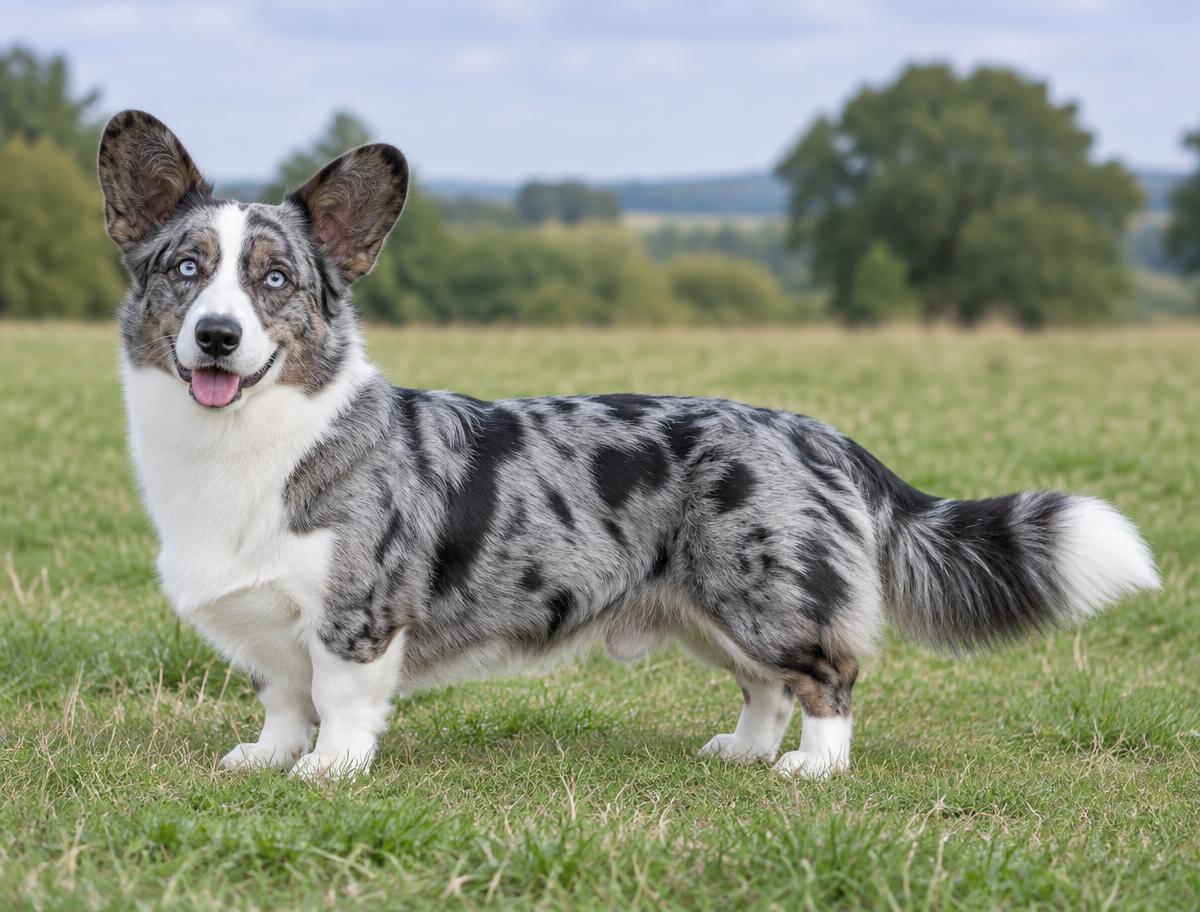 Cardigan Welsh Corgi azul merle con cola larga