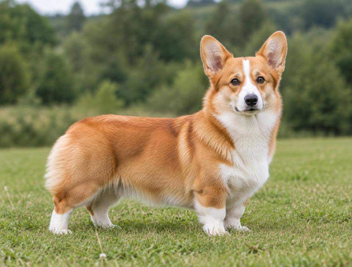 Pembroke Welsh Corgi rojo y blanco en un prado